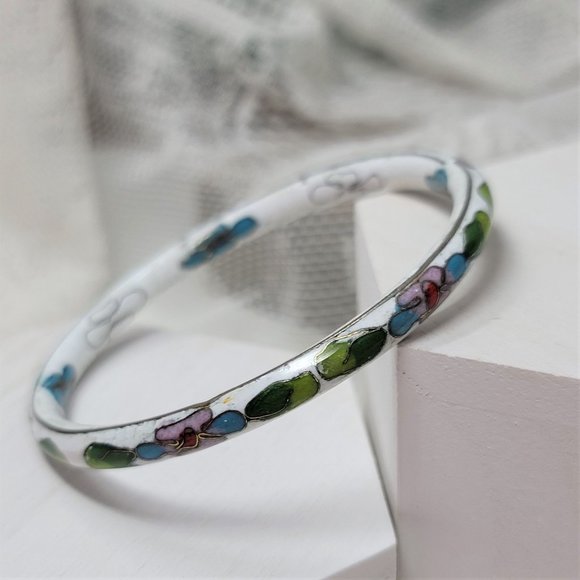 Vintage Cloisonné Bracelet White with Flowers - Picture 5 of 6